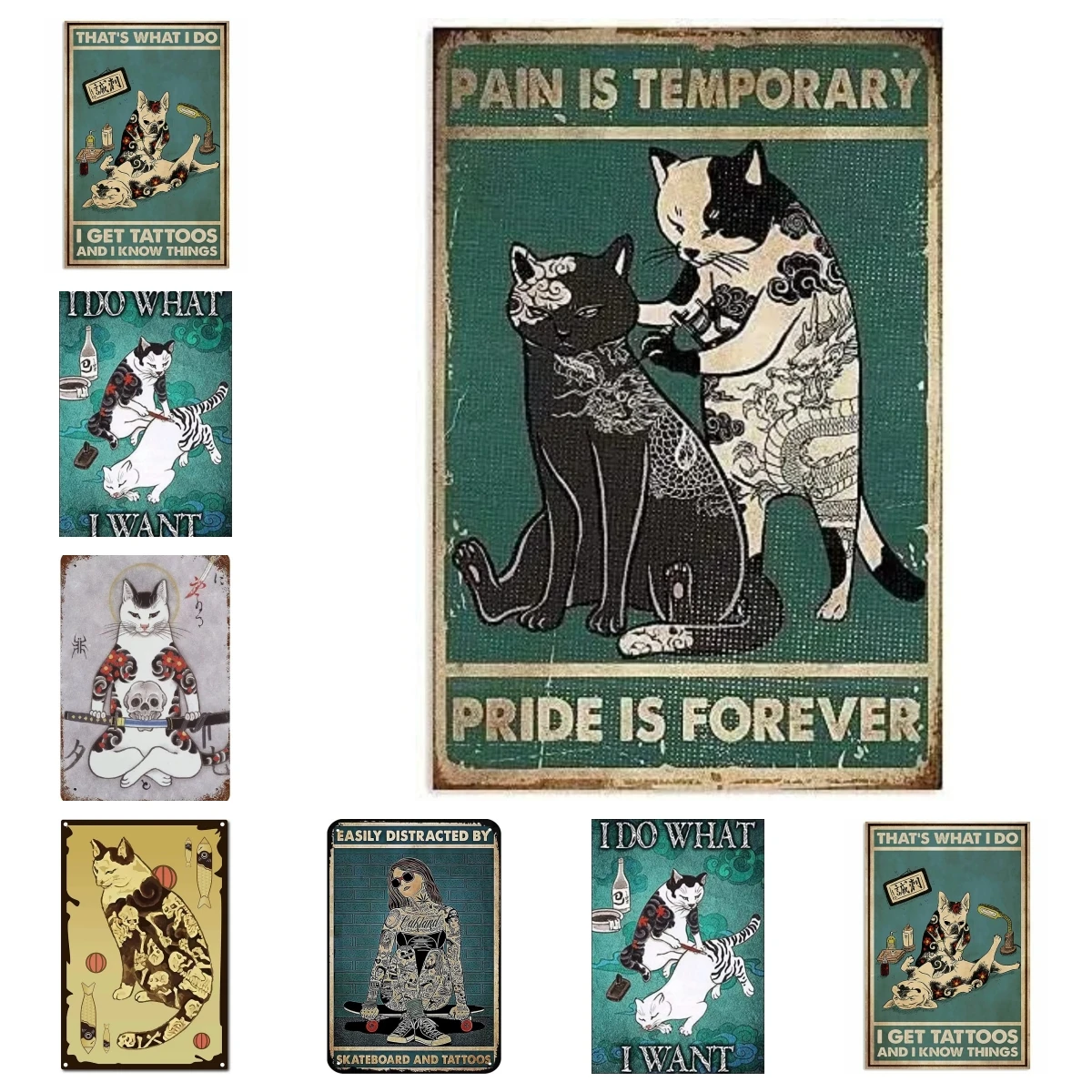 Funny Cat Metal Poster Pain Is Temporary Pride Is Forever Tin Signs Tattoo Shop Entertainment Bar Billiard Hall Club Home Living