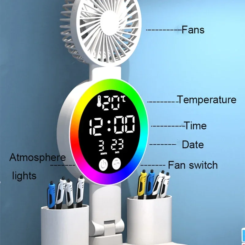 LED Clock Table Lamp, USB Chargeable, Dimmable Desk Lamp, 2 Cabeças, 180 Girar, Dobrável, Proteção para os Olhos, Leitura, NightLight, 3200mAh
