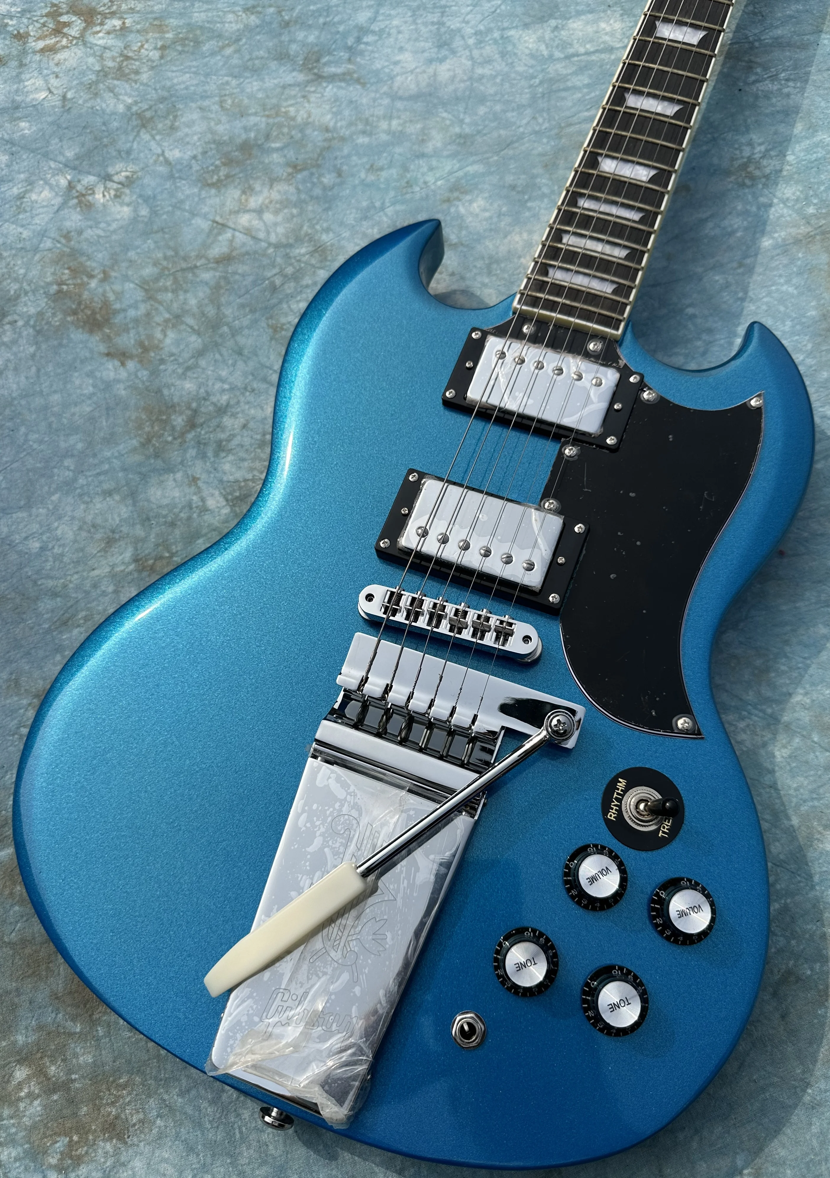 Customized electric guitar, SG electric guitar, Blue silver powder, silver accessories+jazz vibrato，in stock, lightning package