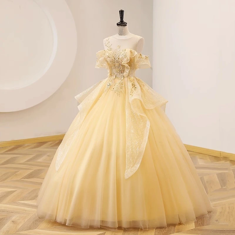 Amarelo colheres pescoço vestido de baile vestidos rendas lantejoulas doce 16 princesa festa personalizado