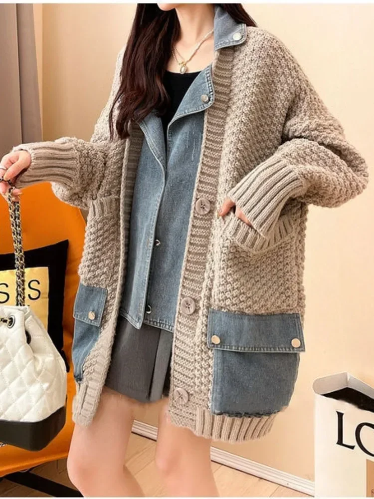 DENIM Patchwork ถักเสื้อกันหนาวผู้หญิงเดี่ยวหลวมไม่สม่ําเสมอเสื้อสเวตเตอร์ถักหญิงเสื้อผ้าฤดูใบไม้ร่วงฤดูหนาว