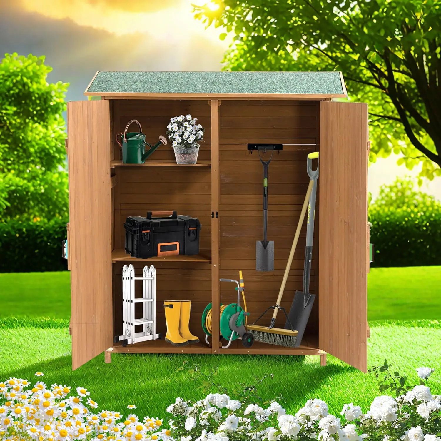 

56" Outdoor Wood Storage Cabinet, Fir Storage Shed, Outdoor Storage Shed with Metal Latch, Removable Shelves and Asphalt Roof