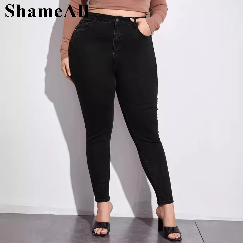 Women's Plus Size Black Stretch  Classic Denim Skinny Pants， High WaistStretch Denimrousers Penci Jeans Pants