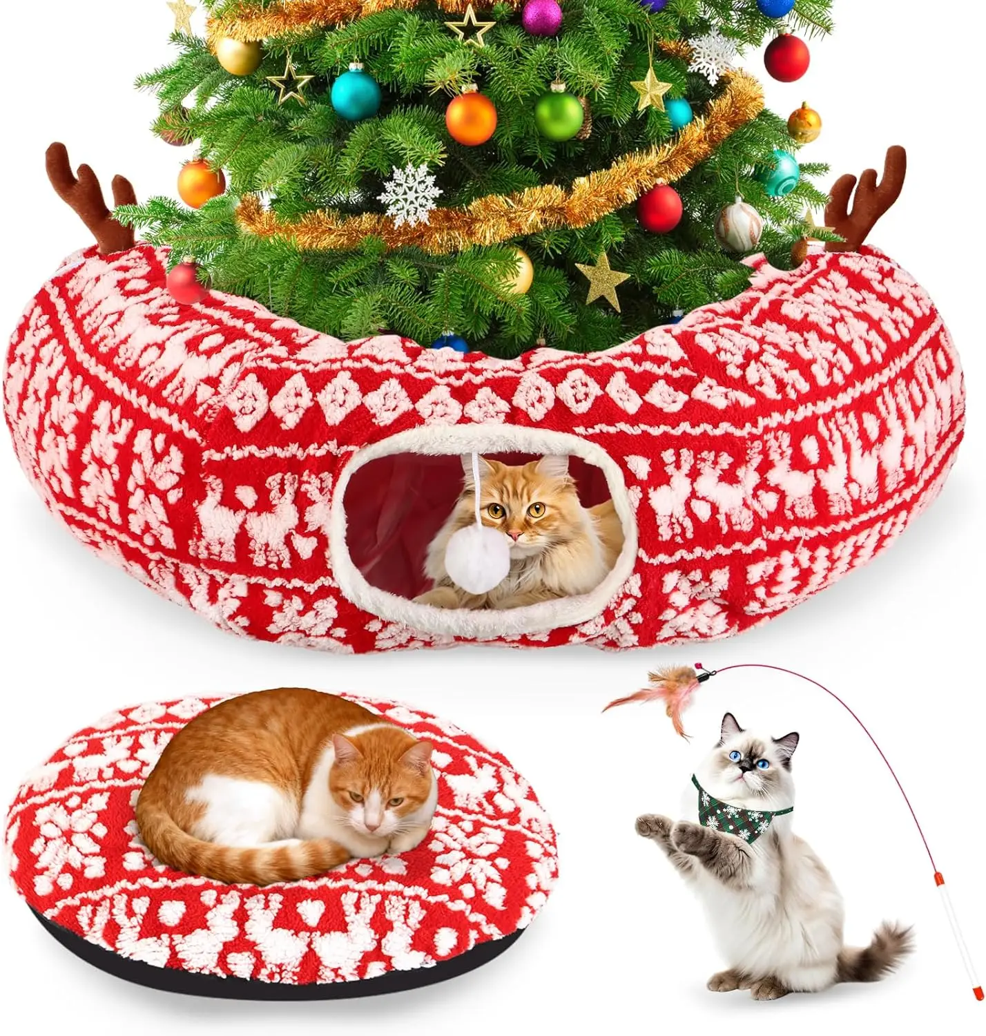 

Cat Tunnel Bed 35.4' Festive Circle with Feather Toys, Adjustable Bibs, Foldable Holiday Pet Cave for Cats & Small Animals