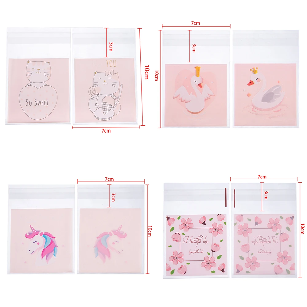100pcs/Lot Pink Cute Cartoon Self-Seal Bags Snack Pouch For Cookies Candy For DIY Gift Jewelry Storage Bag Wholesale Supplies