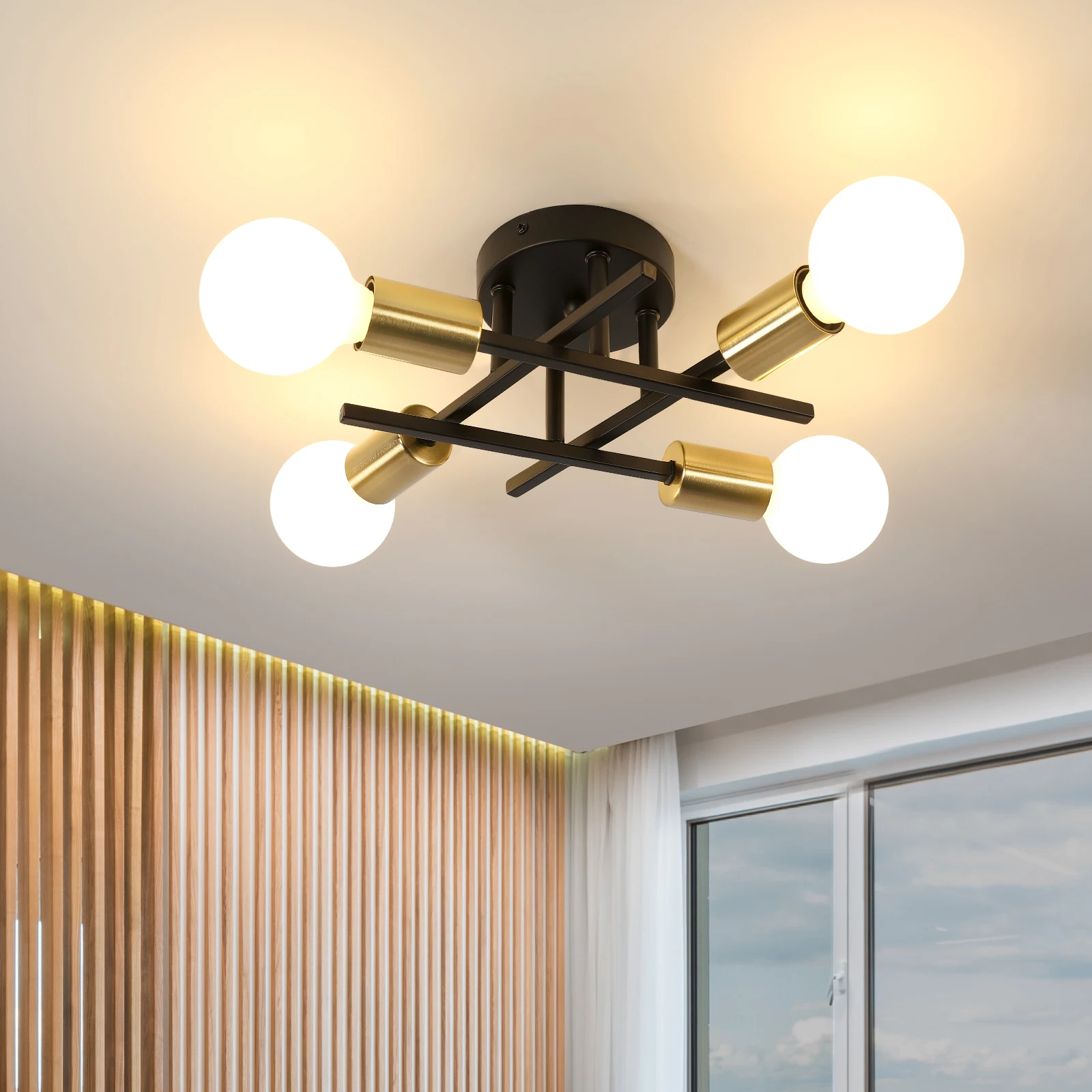Moderner Kronleuchter – 4-flammige industrielle Deckenleuchte im Vintage-Stil für Schlafzimmer, Küche, Esszimmer, Loft, Büro, E27, ohne Glühbirne – Detail 5