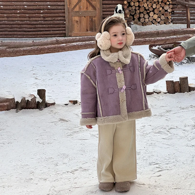 Girls Fashionable Warm and Thick Cotton Coat With Composite Cashmere Fur One Piece Stand Collar Cow Horn Buckle Jacket Trendy