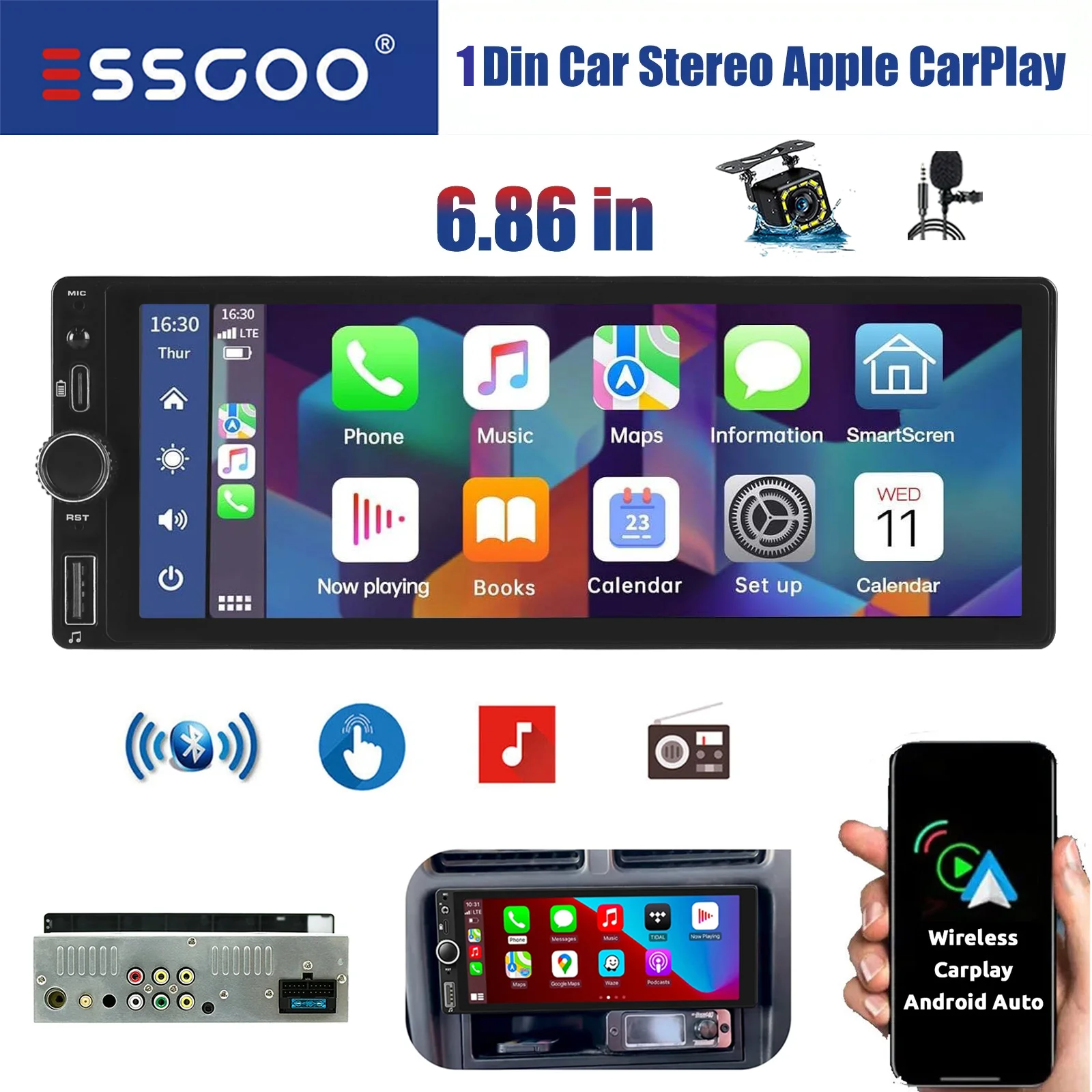 ESSGOO 1Din IPS 6.86 بوصة لاسلكي Carplay أندرويد راديو السيارة السيارات الوسائط المتعددة فيديو MP5 لاعب شاشة تعمل باللمس العالمي Stere