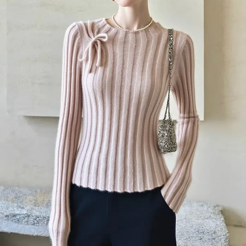 

Autumn and Winter Women's Pullover Pink Sweater Bow Long-sleeved Sweater Tops