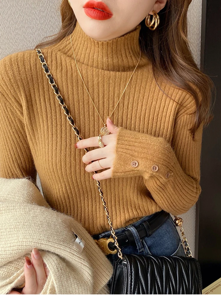 

2024 Half High Collar Sweater Pullover Women Casual Button Long Sleeve chic Slim Ribbed Sweater Solid Female Jumpers Top
