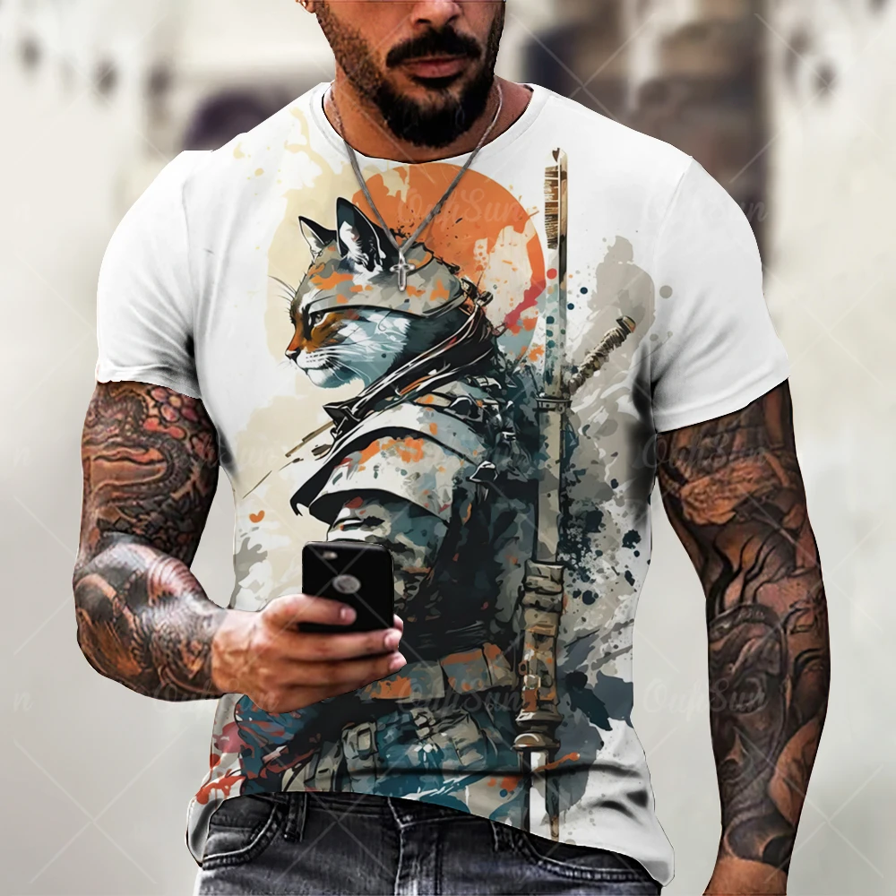 Japanese Samurai Cat Print Men\'s T-shirt Funny 3D Animal Pattern T-shirt Summer Casual O-Neck Loose Top Short Sleeve T-shirt Men