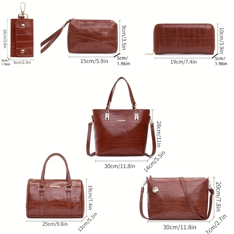 6pcs Vintage Women\'s Bag Stylish Lacquer Crocodile Print Leather Handbag set Daily Commute Tote Shoulder Bag For Women Purse