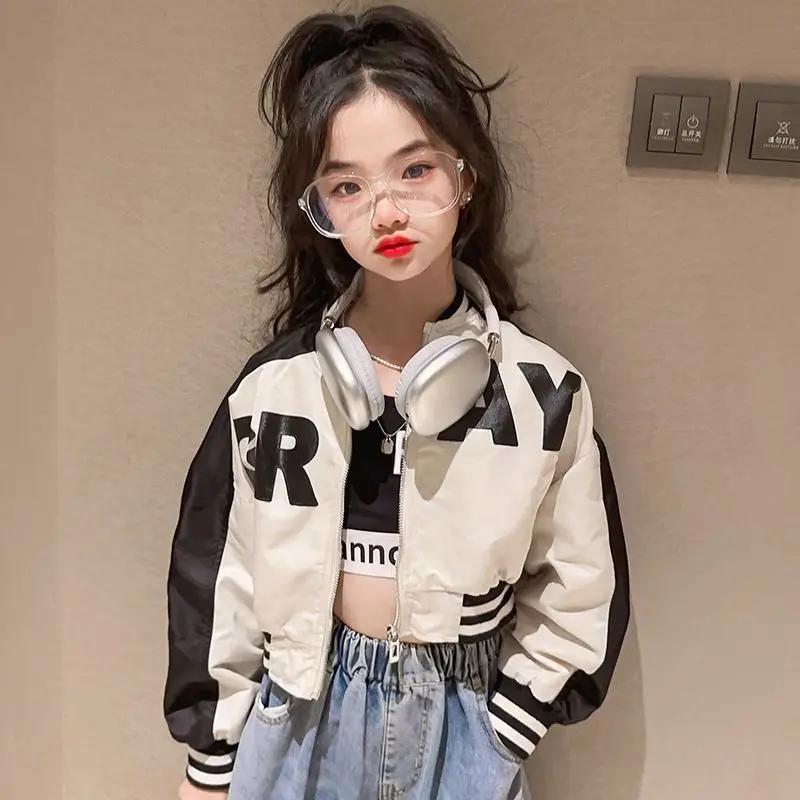 Letter Zipper CoatsSpring Autumn Teen Girls Jacket 2026 New Fashion For Kids Windbreaker Outerwear 4-13 Years Children Clothing