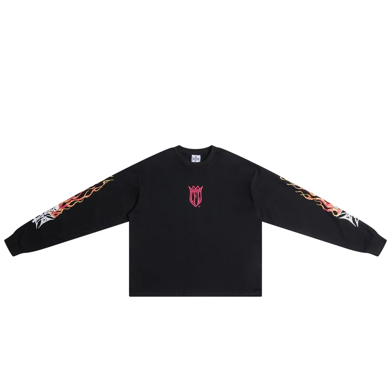 New West Coast Vintage Biker Style Oversized T‑Shirt Cross Flame Skull Graphic Long‑Sleeve Top Tee