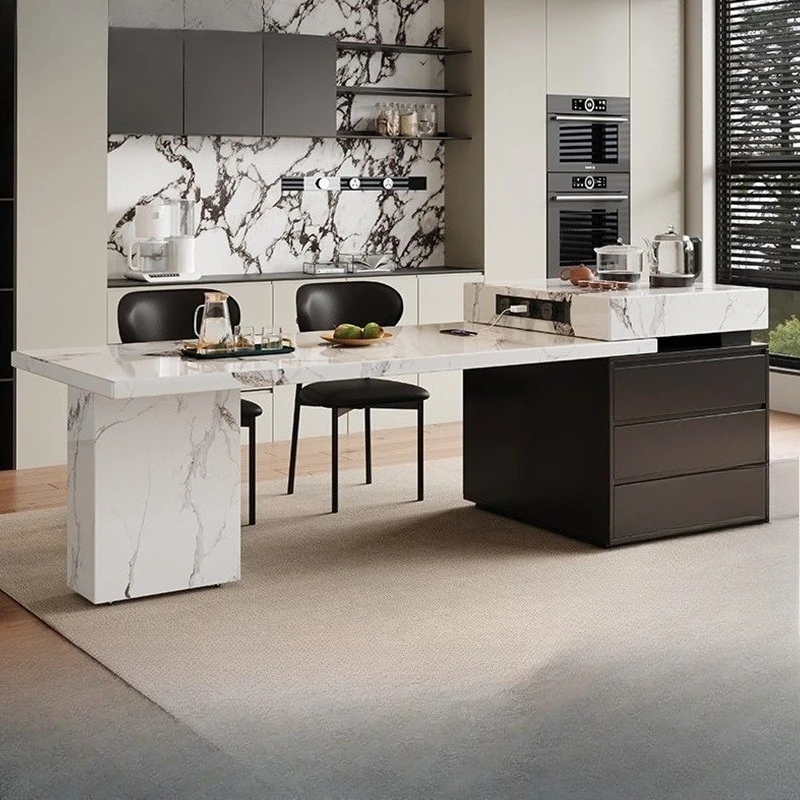 Multifunctional tea island, large 1.6-meter dining table with track socket, retractable rock slab table