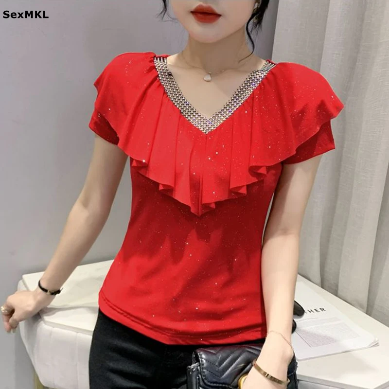 Camiseta Casual de Verano con Lentejuelas para Mujer, Manga Corta, Volantes, Estilo Y2K, Ajustada, Oversize, con Diamantes, Tops Rojos para Dama, Ropa Urbana