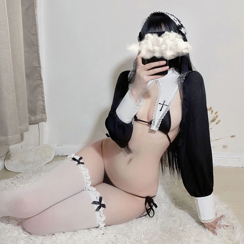 Sexy Nun Cosplay Lingerie Mini Extreme Bikini Set Cross Collar Long Sleeve Top Naughty Women Cute Sister Role Play Erotic Outfit