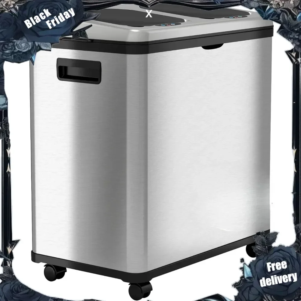 16 Gallon Stainless Steel Combo Trash and Recycle Bin with Decals, Dual Compartment (8 Gal each) 60 Liter Kitchen Garbage