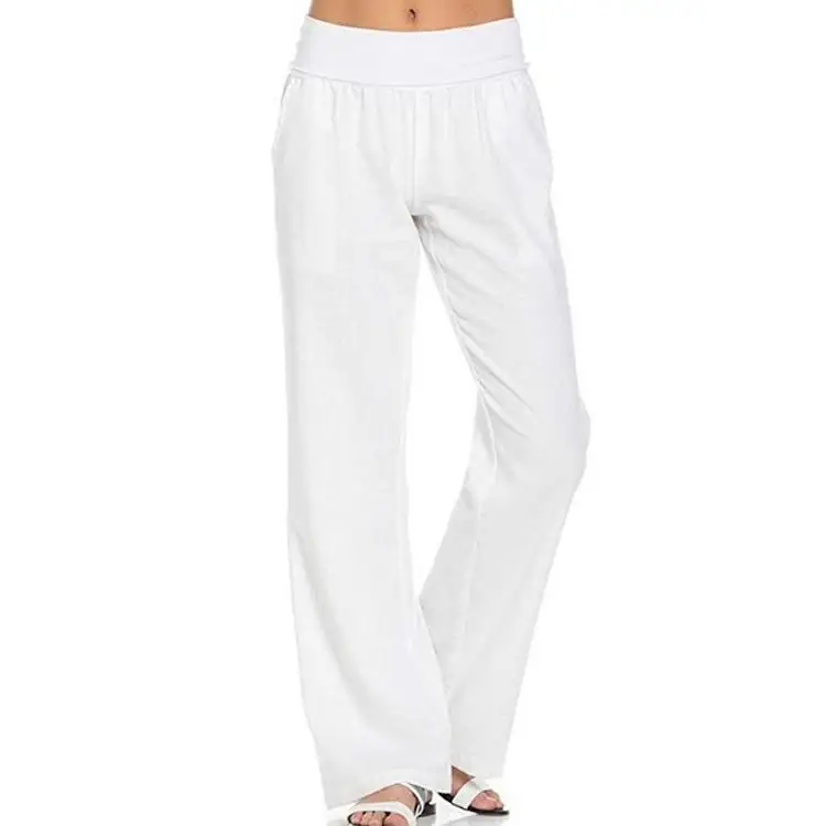 Fashionable Pure Color Cotton Linen Wide Leg Pants High Waist Loose Fit Casual Trousers for Women Crossing Border