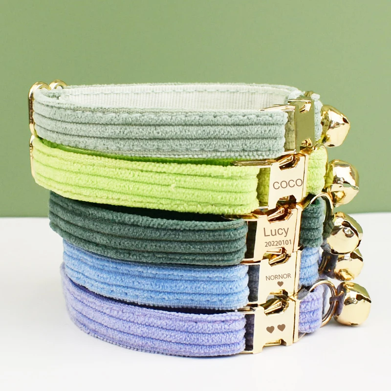 Cord-Katzenhalsband mit Namensschild, Glocke, Fliege, personalisierte, individuell gravierte Katzenhalsbänder für Katzen – Detail 7