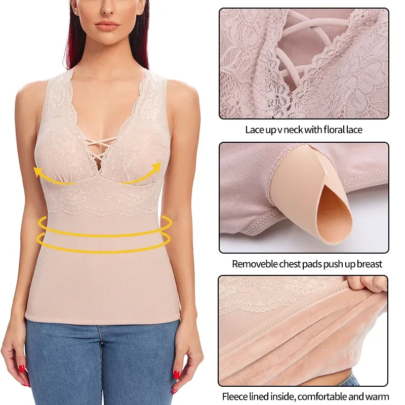 

Women Thermal Fleece Lined Underwear Tops Tummy Control Shapewear Cami Tank Top Warm Base Layer Vest V Neck Lace Camisole