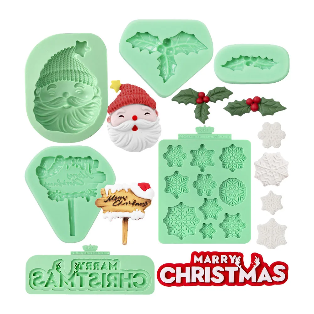 5 Pattern Christmas Silicone Mold DIY Baking Fondant,Chocolate,Gum Paste,Clay Xmas Mold Sant Claus,Snowflake,Leaf