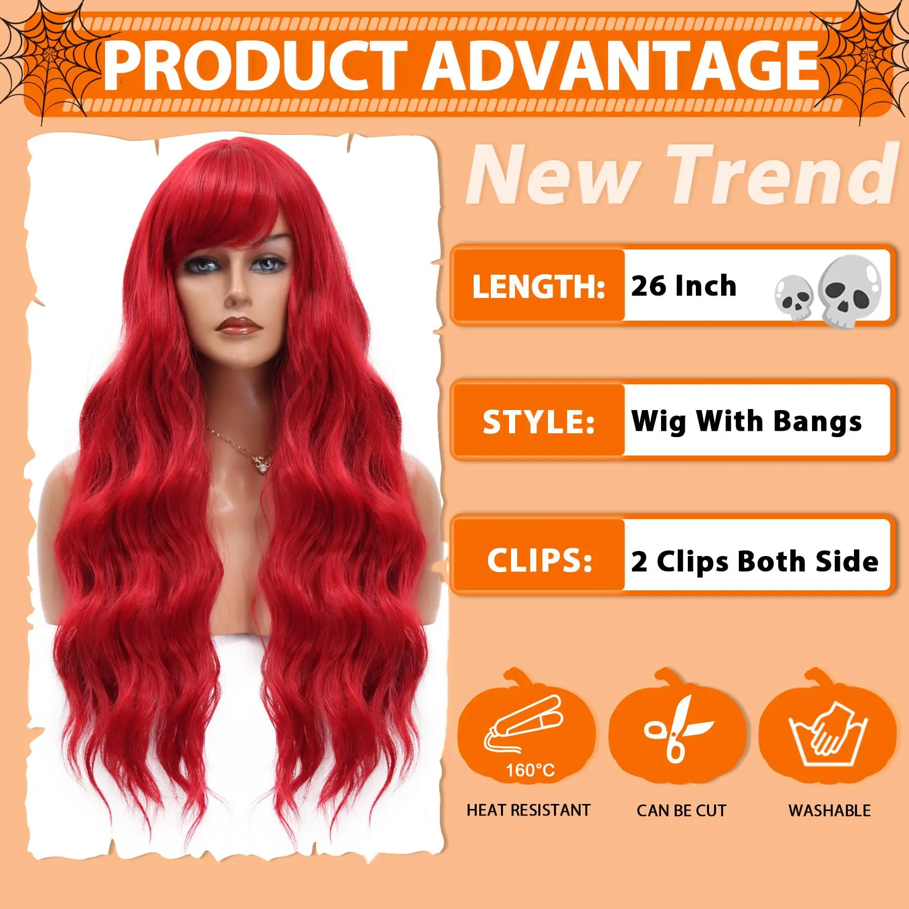 Red 26-inch Synthetic Wig with Big Waves for Party, Halloween Cosplay, Daily Costume, Festival, High-Temperature Hair Accessory