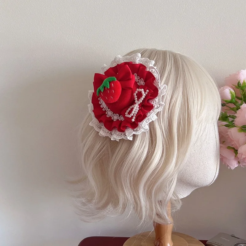 Cute 3D Strawberry Lace Hair Clip Sweet Lolita Pearl Bow Hair Barrette Cosplay Party Daily Dress‑up Accesorios Para El Cabello