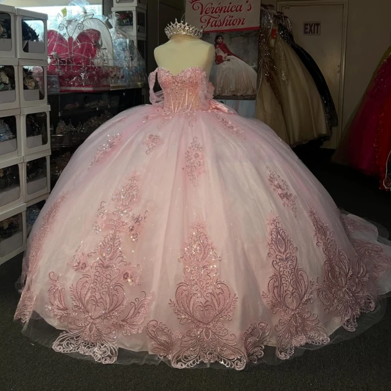 

Pink Shiny Quinceanera Dresses Ball Gown Off The Shoulder Applique Lace Beads Bow Tull Corset Party Birthday Sweet 16 Dress Vest