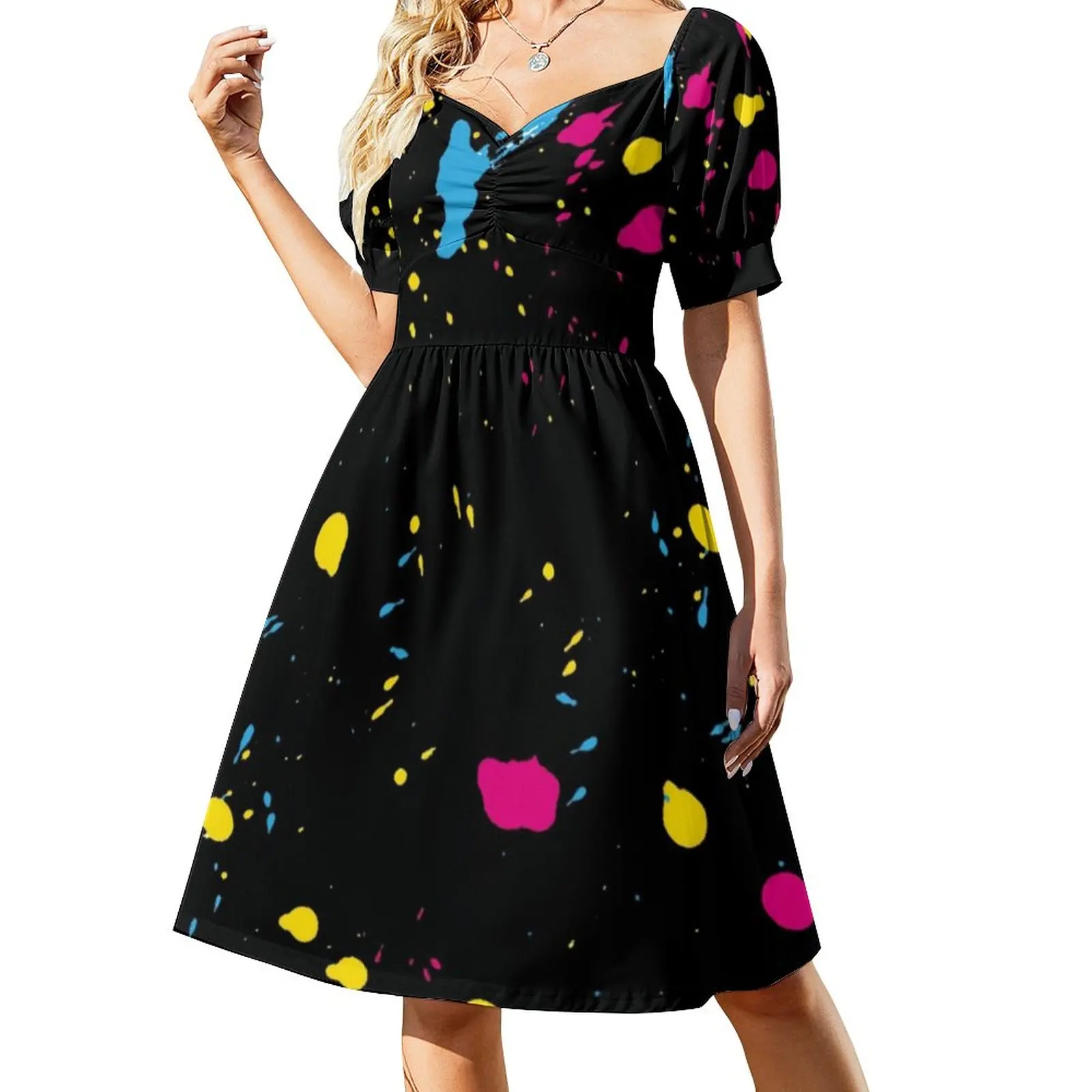 80S Paint Splash Dress Graffiti Colorful Print Cute Dresses Woman Short Sleeve Stylish Casual Dress V Neck Oversize Vestido