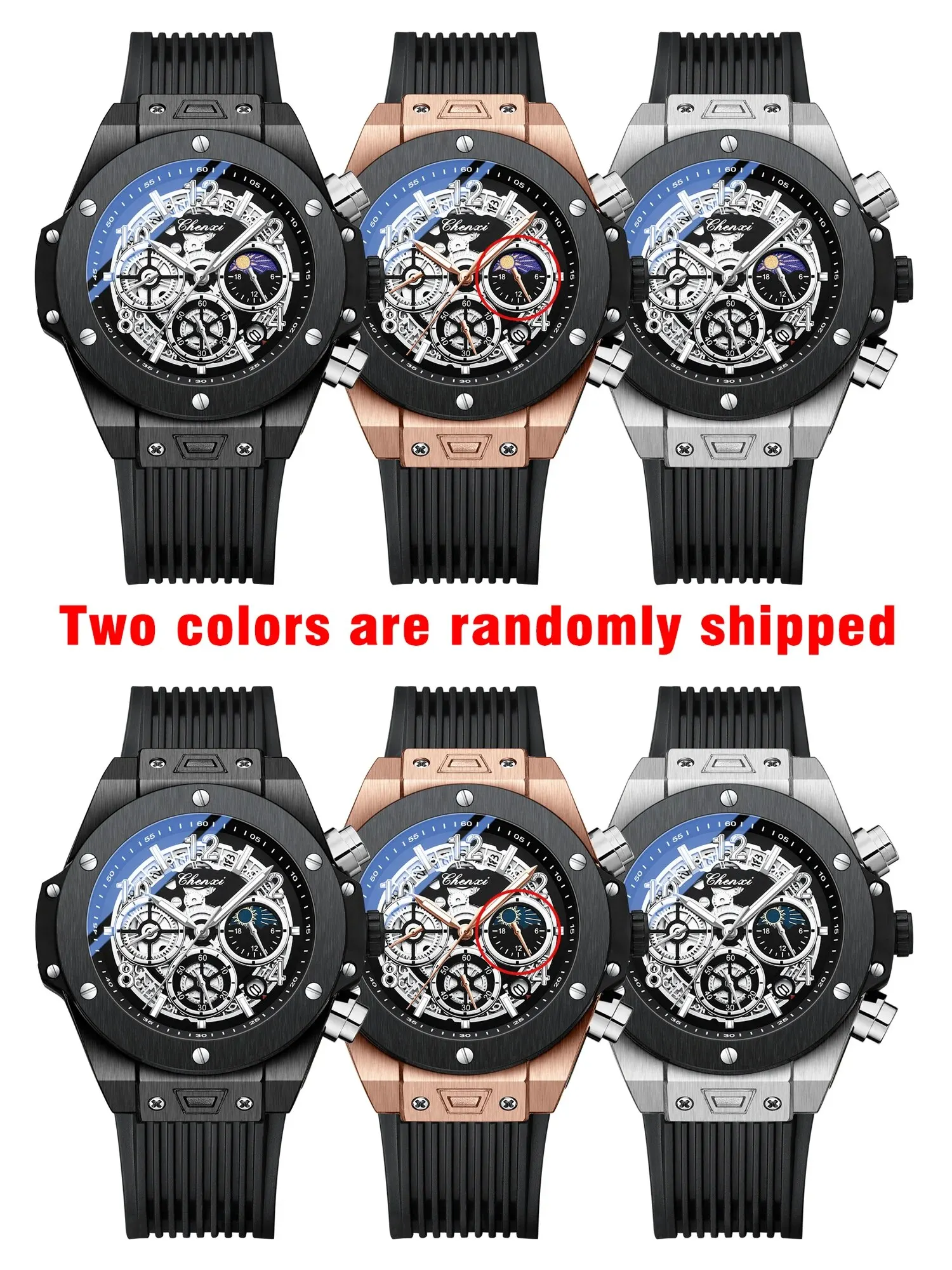 CHENXI Fashion Silicone Chronograph Watch Men Multifunctional Cool Luminous Quartz Starry Lunar Phases Timing Sport Wristwatches