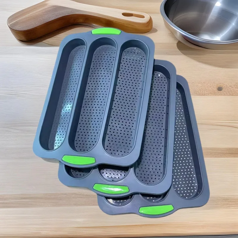 1pcs High temperature resistant silicone three groove baguette mold with perforated French cake mold, diamond shaped bottom