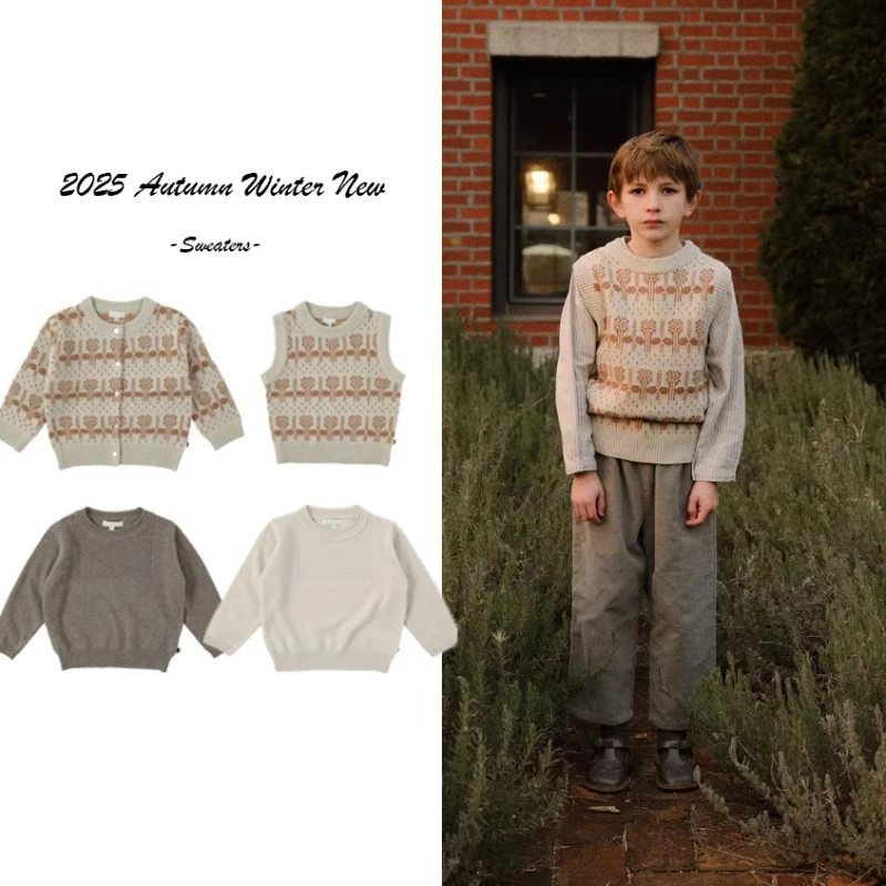 

2025 Autumn Winter Baby Soft Knitted Vest Round Neck Pullover Sweater Countryside Style Knitted Sweater Baby Clothing 18M-10Y