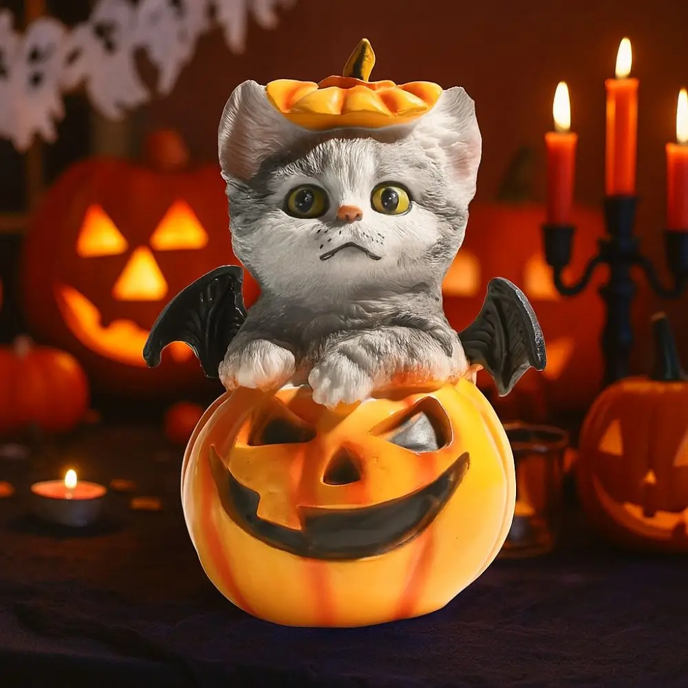 

Cute Halloween Cat Pumpkin Statue Handmade Decorative Pumpkin Ornament Simulation Resin Crafts Cat Desk Figurine Desk Display