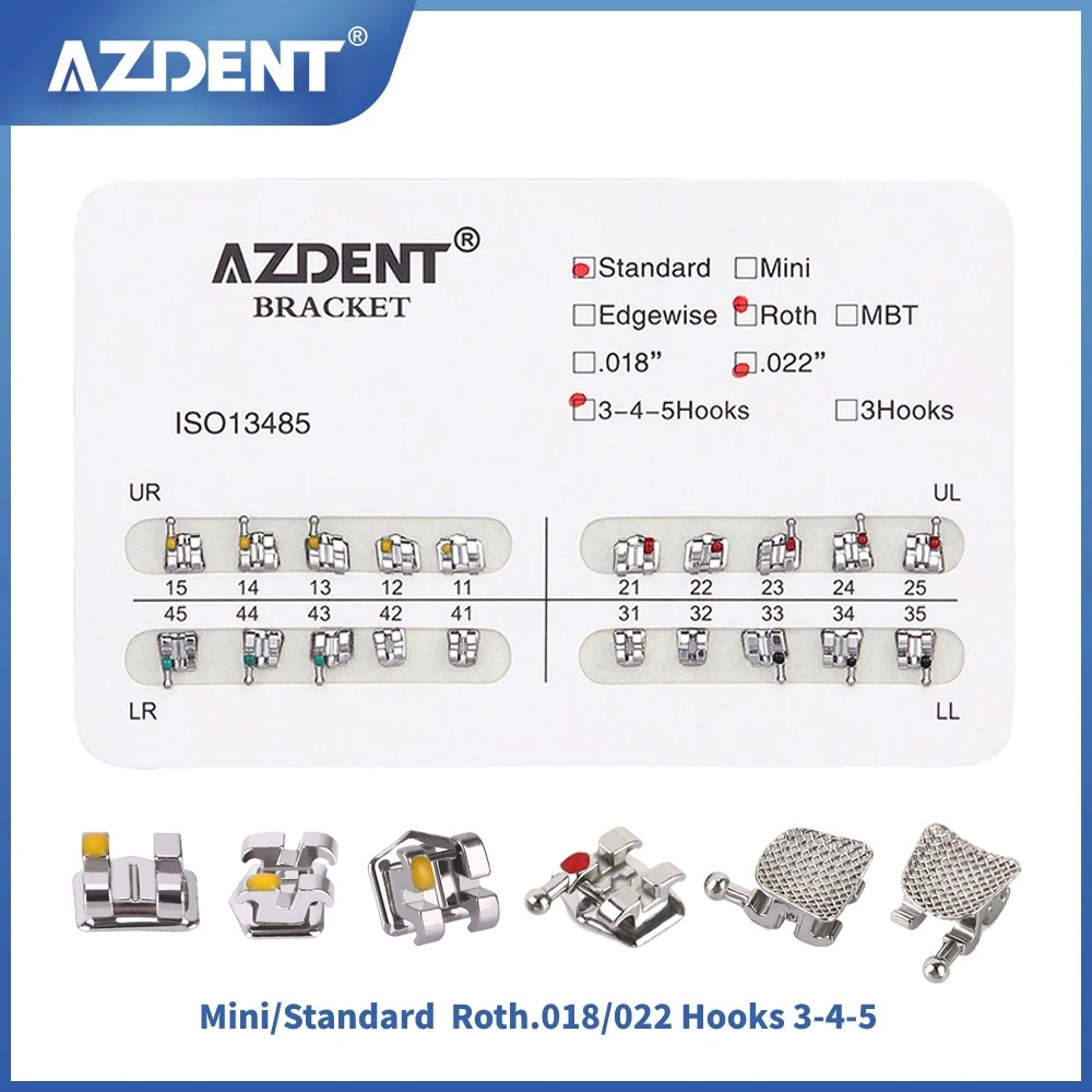 AZDENT 20 unids/pack soportes de ortodoncia Dental soportes Mini/padrão MBT/de borde/soporte Roth 018/022 ganchos 345/3 Material Dental