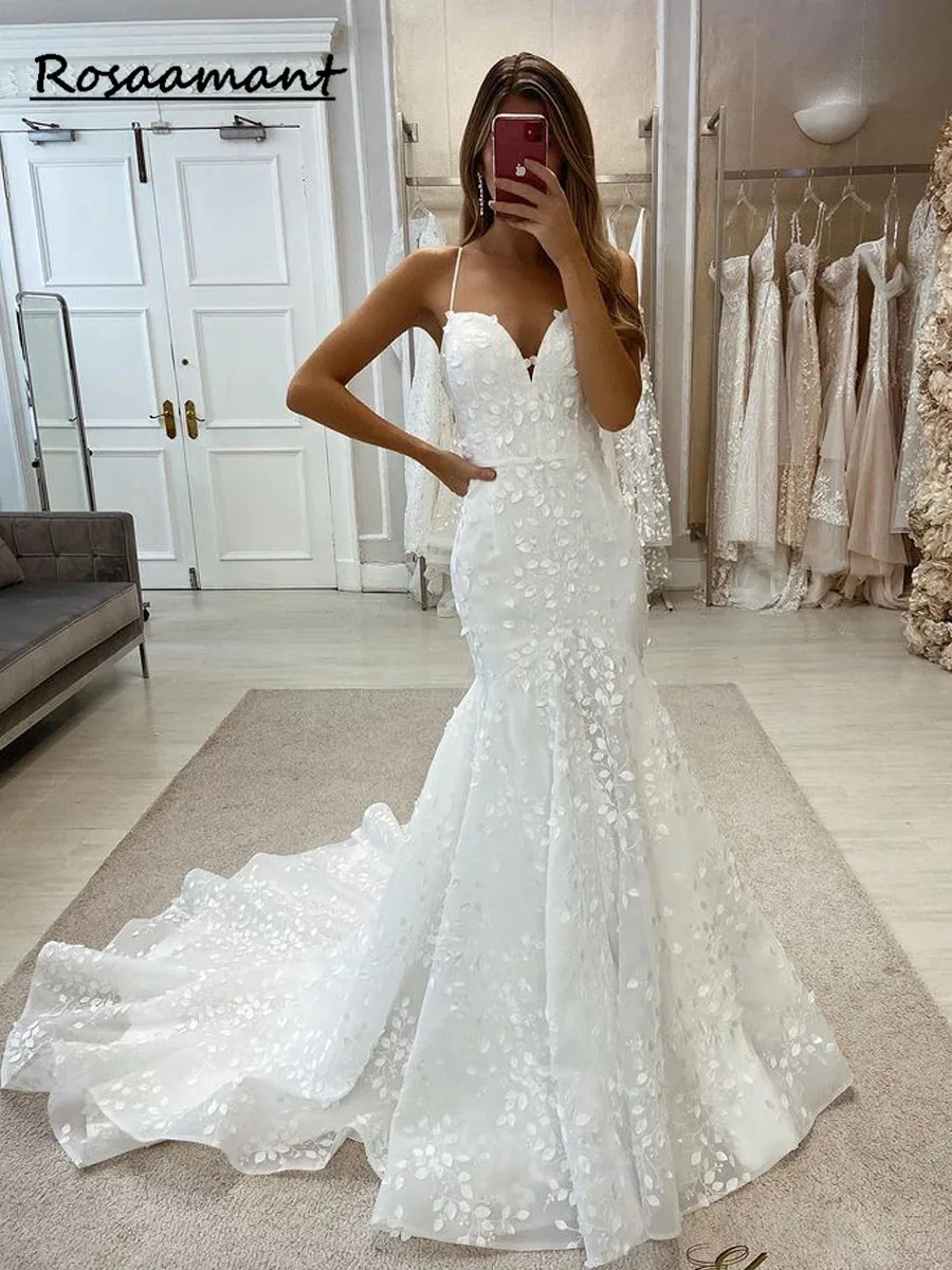 Vestido de casamento de luxo sereia apliques rendas cintas de espaguete querida sem costas robe de mariee