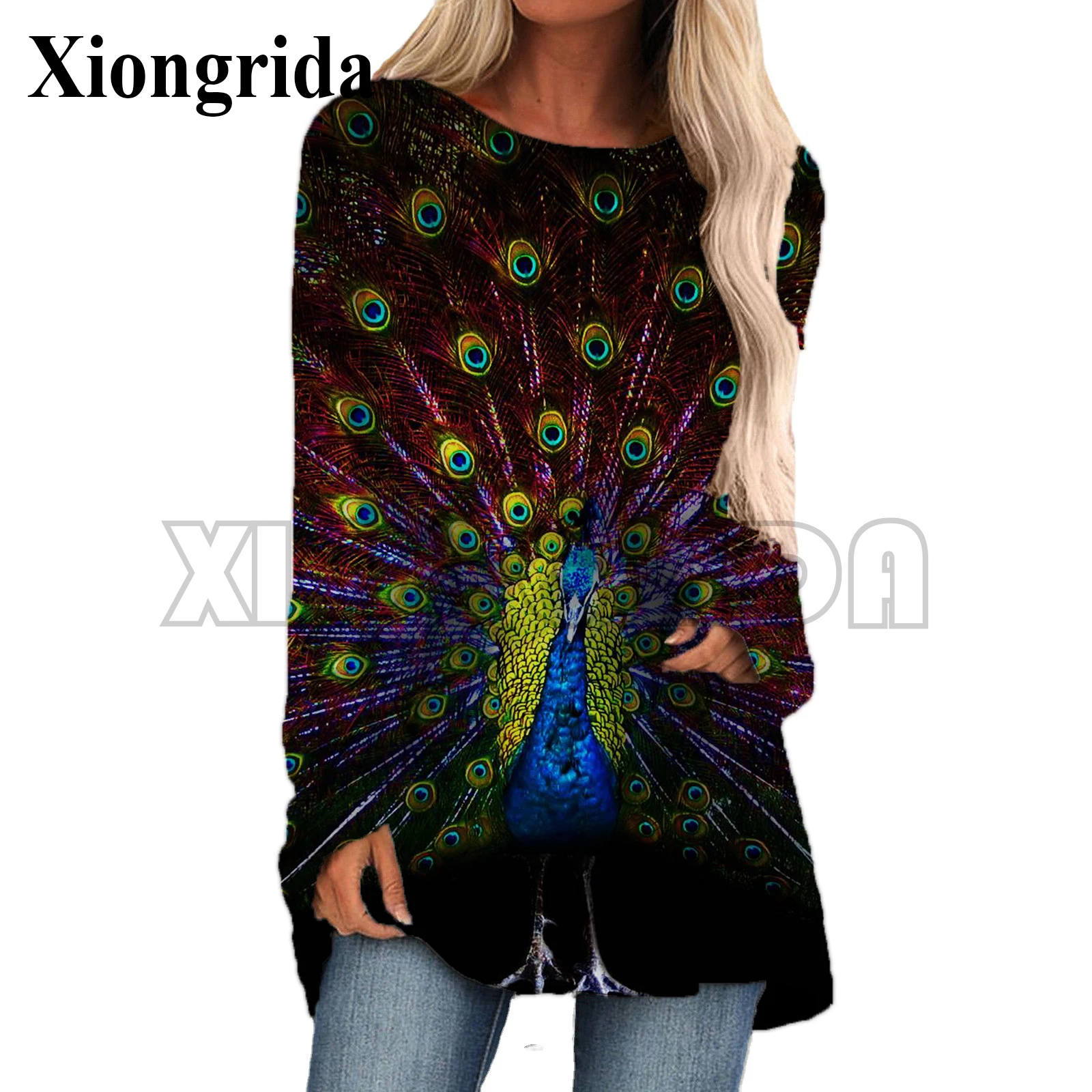 Women's Peacock Feather Printed Tshirt Crew Neck Long Sleeve T shirts Summer 3D Floral Print Long Tees Loose Oversized Tops