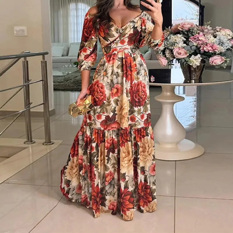 VEITCHE Sommer Frauen Kleider Volle Hülse V-ausschnitt Print Blumen Kleid Lose Beiläufige Bodenlangen Vestidos Gespleißt Böhmischen Robe