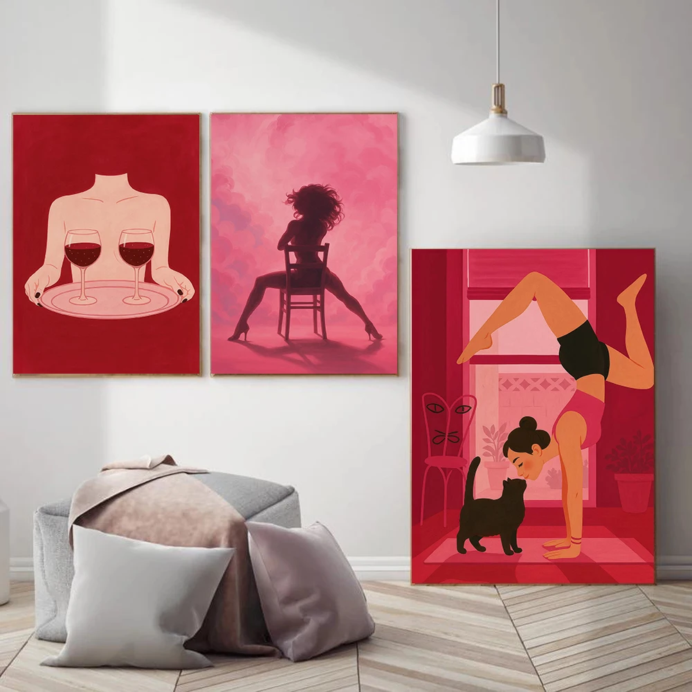Surreal Pink Modern Aesthetic Femininity Posters Bold Dreamy Black Cats Modern Prints Canvas Wall Art Pictures Home Room Decor