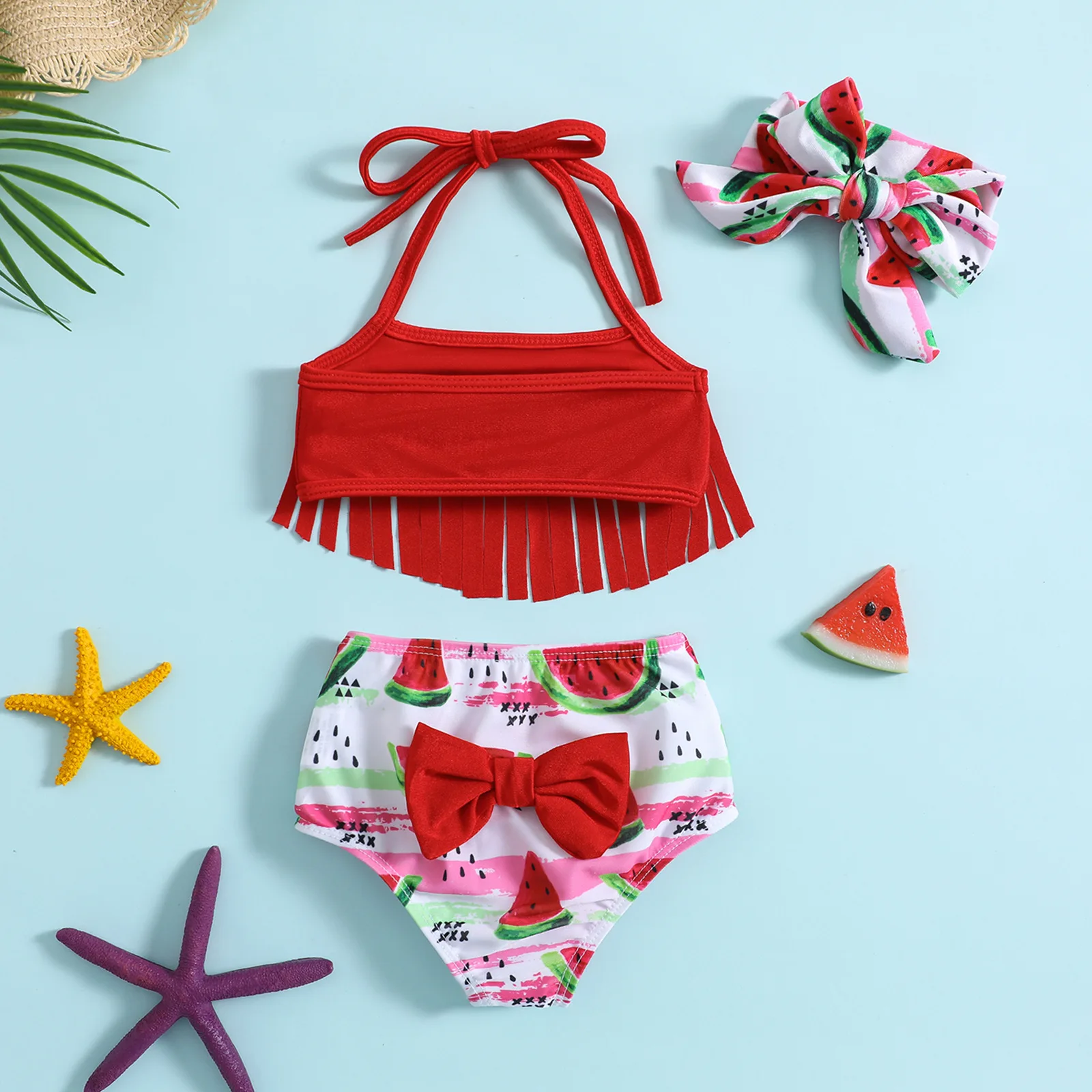 Toddler two piece swimsuit with tassel and bow decor, watermelon print for beach and pool water play