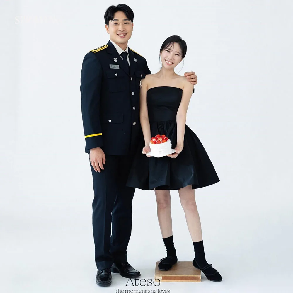 

SPRAYING Mini Black Taffeta Evening Dress Korea Wedding Photo Shoot Simple Strapless A line Short Party Dress Corset Customized