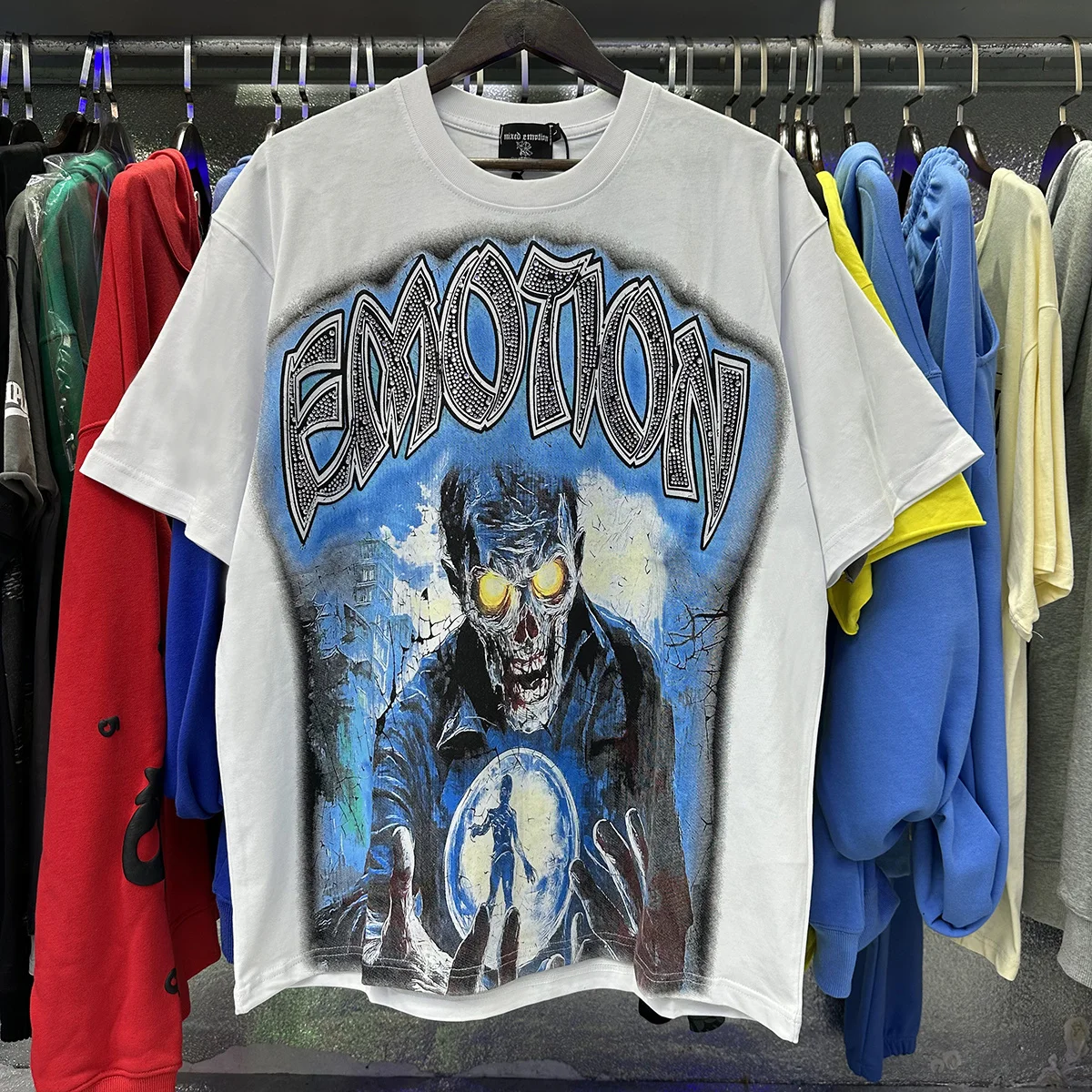 American Style Mixed Emotion Skull Man Retro Rhinestone Letter Trendy Brand High Street Pure Cotton Short Sleeve T-Shirt