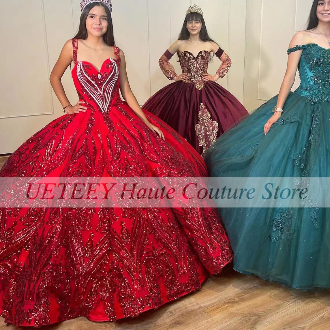 Luxo vermelho quinceanera vestidos miçangas lantejoulas princesa vestido de baile festa de aniversário vestido de baile vestidos de 15 anos personalizado