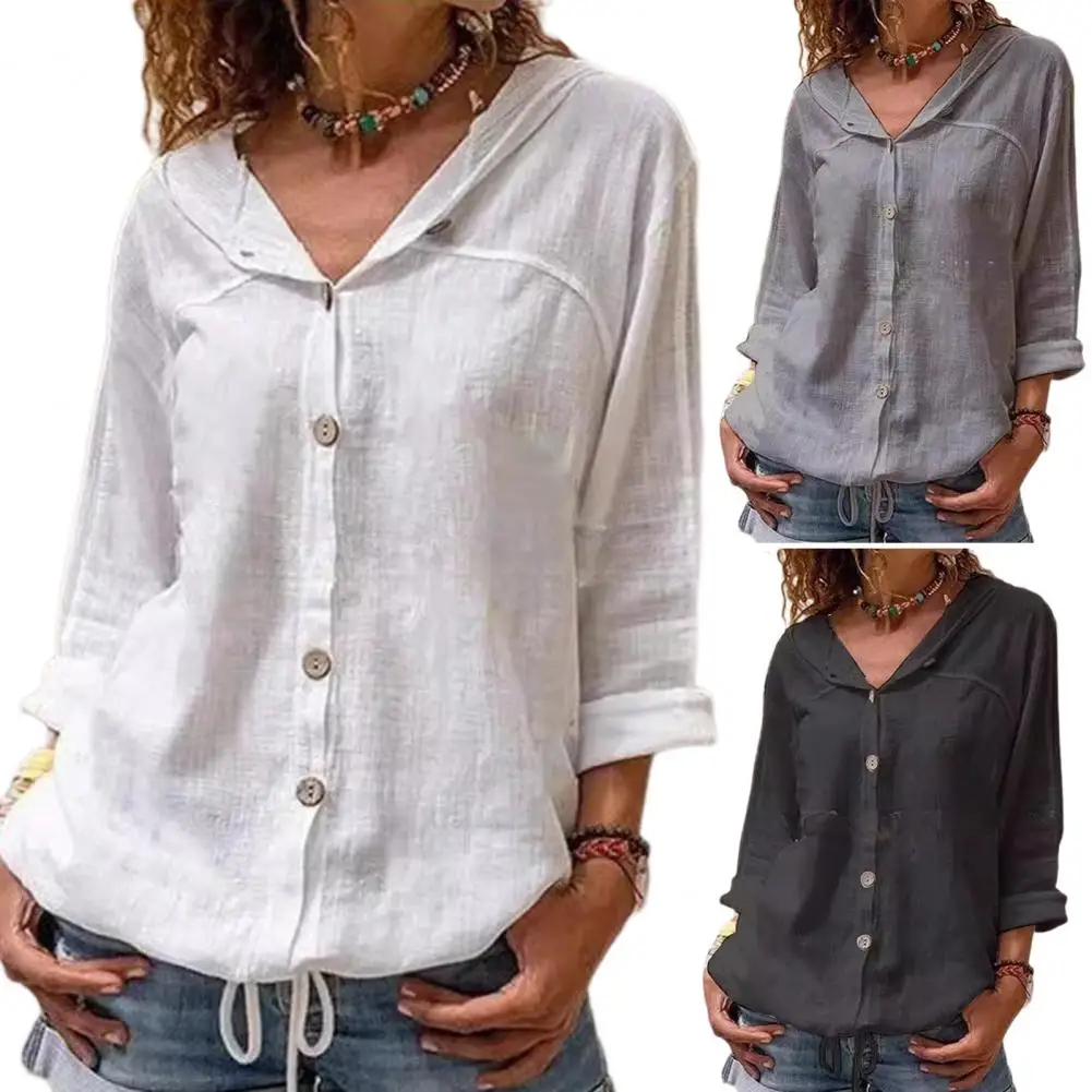 Dames Casual Tops Capuchon Lange Mouw Knoopsluiting Vastgebonden Zoom Shirt Tops Effen Kleur Losse Pasvorm Woon-Werkstijl Tops