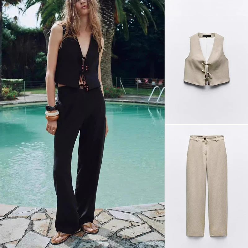 

Новый весенне-летний женский модный комплект из смеси полиэфирного волокна, льняные широкие брюки на пуговицах V Ne, длинный жилет с узлом