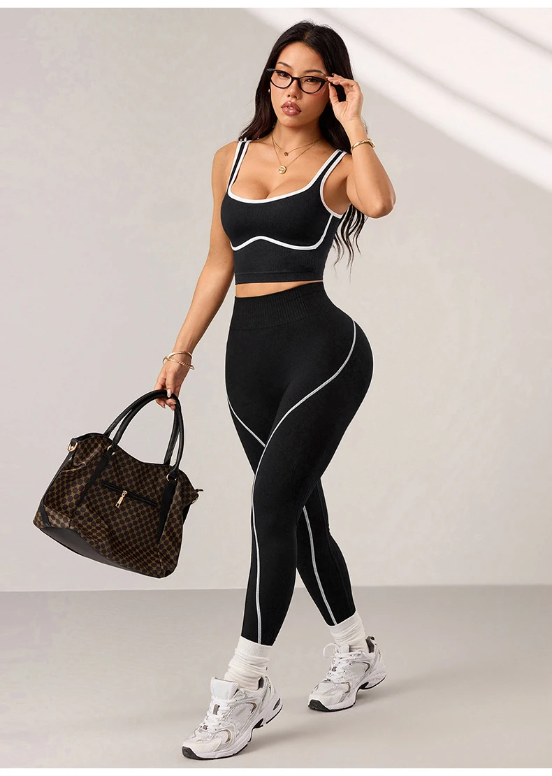 Women's contrasting white line 2-piece yoga suit square neck sports bra, peach hip seamless tight pants fitness running sportswe