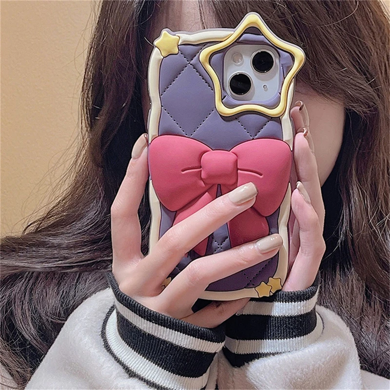 Japan Cute 3D Bowknot Diamond Lattice Silicone Case For iPhone 12 13 14 15 16ProMax Lovely Star Lens Protective Soft Cover Funda