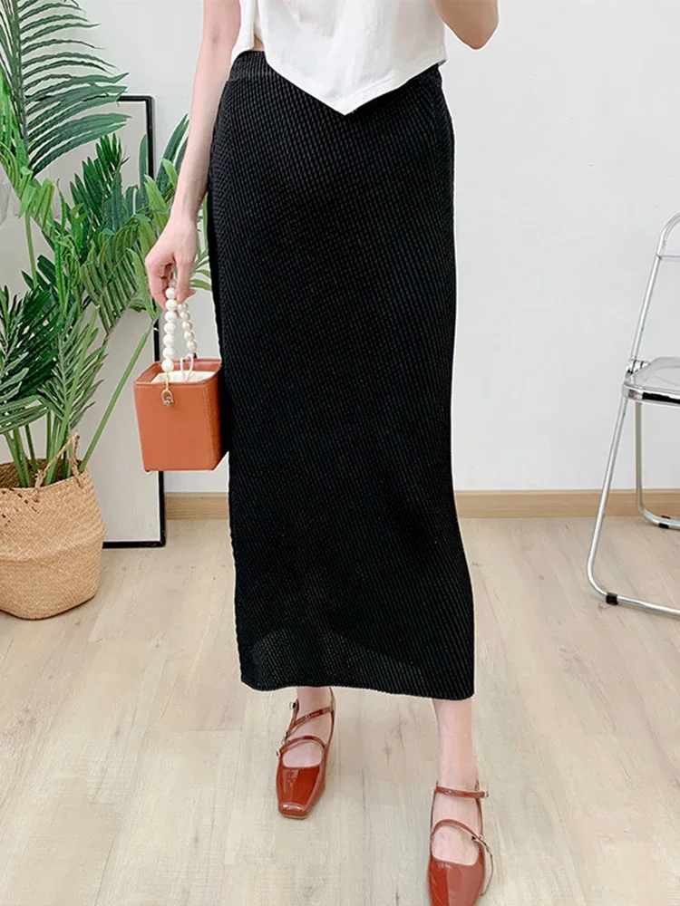 Pleated Women Skirt Casual Fashion Elastic Waist Solid Color New 2024 Summer Split Versatile Simplicity Clothing