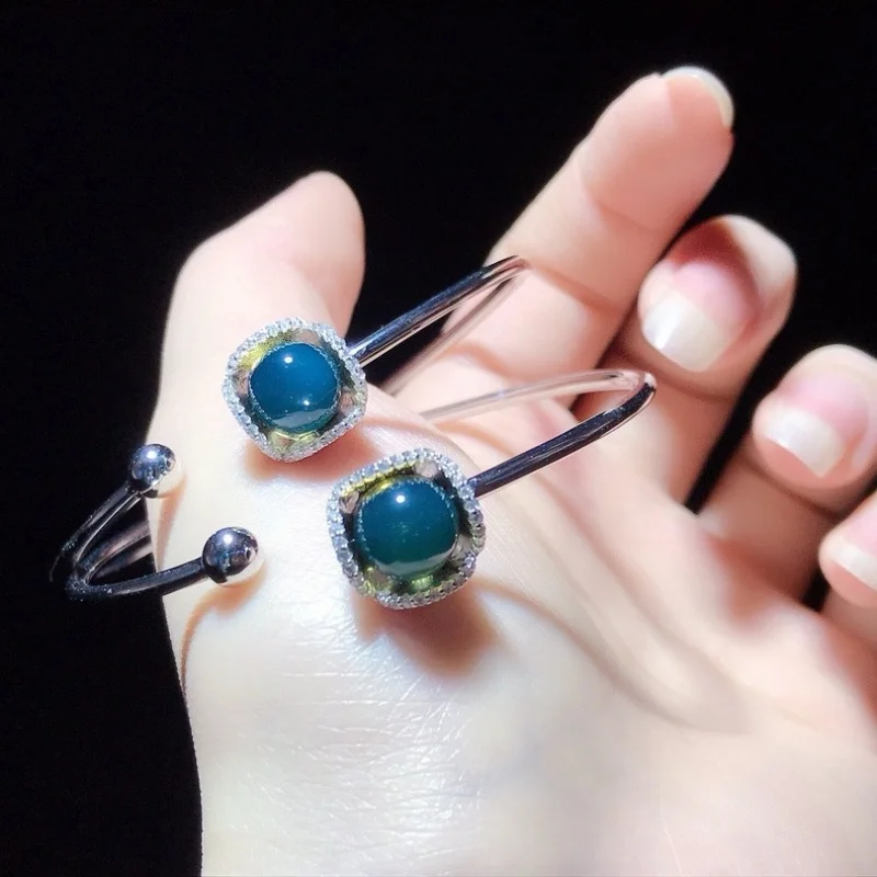 10mm Blue Amber Inlaid S925 Silver Bracelet Italian Elastic Tube Non-Deforming