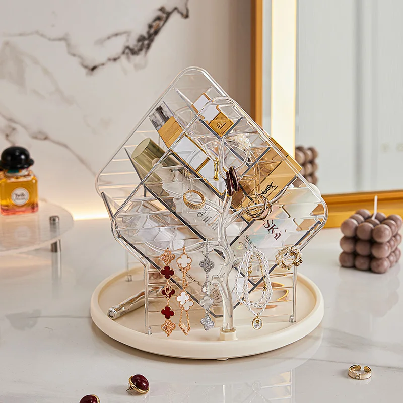 Luxe Desktop Cosmetics Organizer Box Rotating Lipstick Makeup Storage Box Large Capacity Jewelry Makeup Brush Skincare Holder